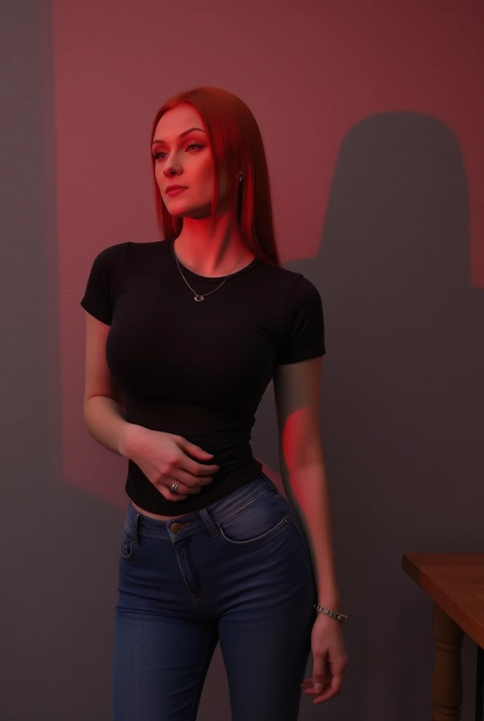 emmaleiah from USA, female, straight red hair, a woman wearing a tt0p and jeans, Cinematic photography, movie mood, cinematic light, compelling composition, storytelling elements, conveys emotion, mood, and narrative depth, creating visually striking images that feel like still frames from a film