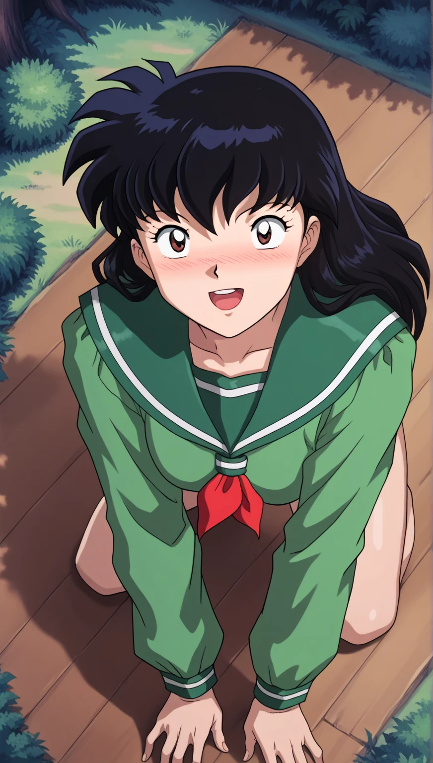  score_9,  score_8_above,  score_7_above,  score_6_above,  score_5_above,  score_4_above, BREAK,   source  _animated, 1 girl, {{ kagomehigurashi , blows,  black hair,  wide hair,  brown eyes,  long sleeves,  big bosom , falda pliSada, serafuku,  looking at the spectator,  blushing face, smile,  Open mouth, Alone, forest background,  crouched on all fours,  nude, idiot, best view ,  full body , 