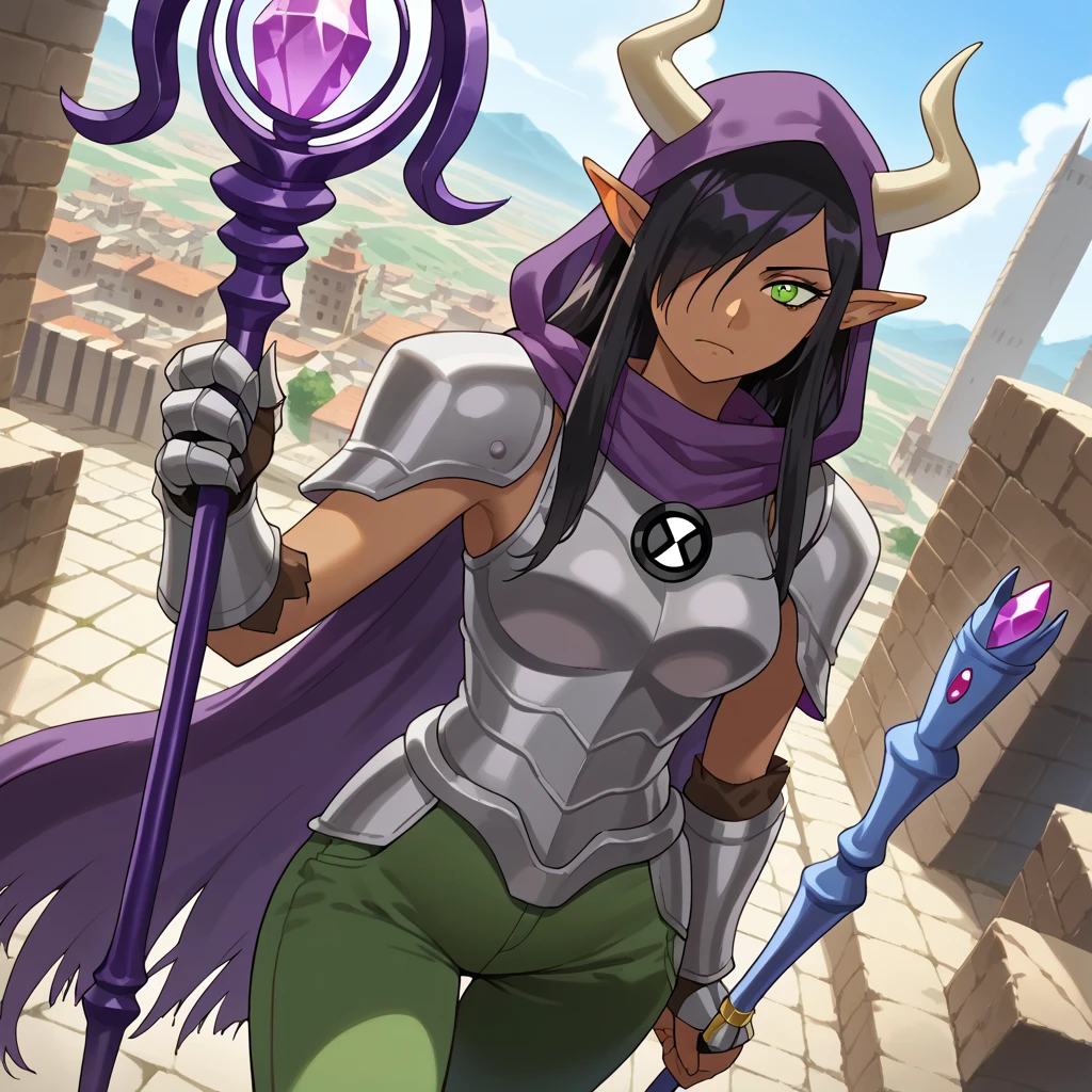 score_9, score_8_above, score_7_above, source _animated, Olgadiscordia , Olga Discord, long hair, black hair, green eyes, very long hair, pointy ears , dark skin , hair over an eye , hembra de dark skin , elf, dark elf, outdoor, urban landscape, looking at the viewer , Dutch angle, cowboy shot, purple hood , purple scarf, túnica, bull horns, coming out of each shoulder, metal gauntlets, bear claw, Big boobs, dark armor, túnica, long pants, green pants 1 woman, metal armor, black metal armor, ben10, magic scepter, long scepter, scepter in hand, purple scepter