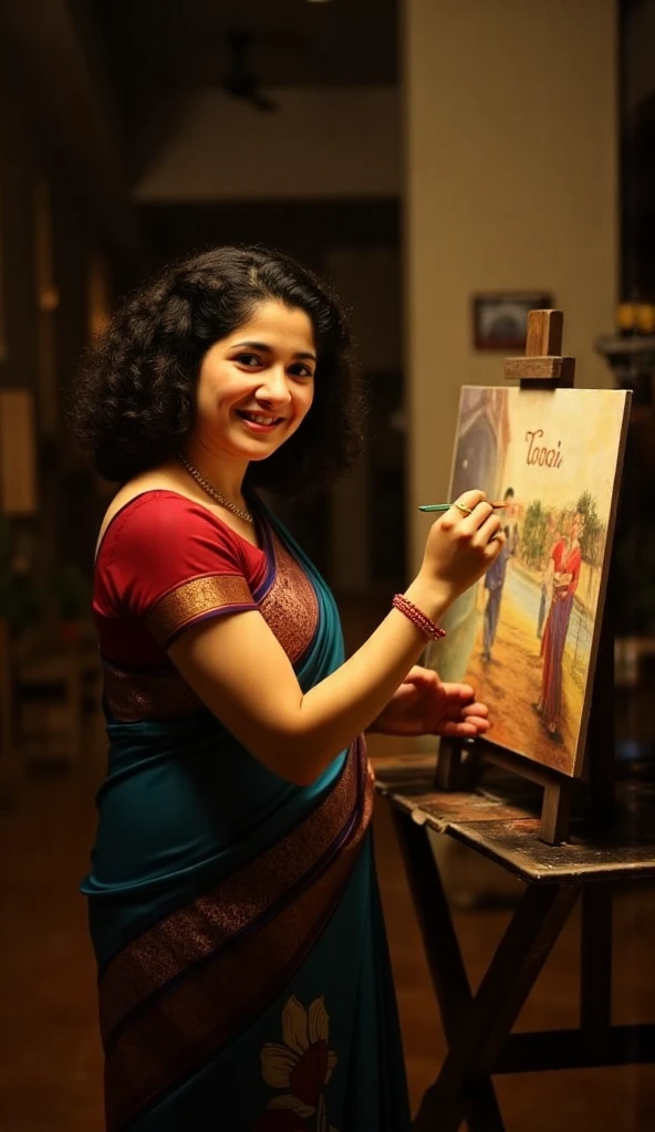 A malayali woman posing as an artist who is painting a simple picture, curly hair,curvy body, wearing designer saree and blouse,dramatic lighting, rebrandt style lighting arrangement
