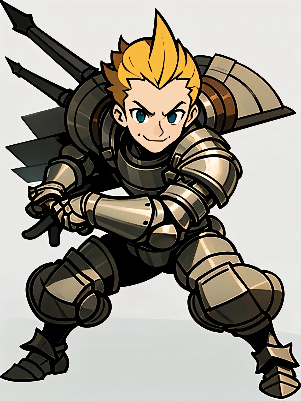 Alone,(fullbody),man,man's eyes,man's nose,man's mouth, handsome face,blonde spiky short hair,forehead,Knight's luxurious steel armor ,fighting stance, geometric luxury design background,smile、White Background,