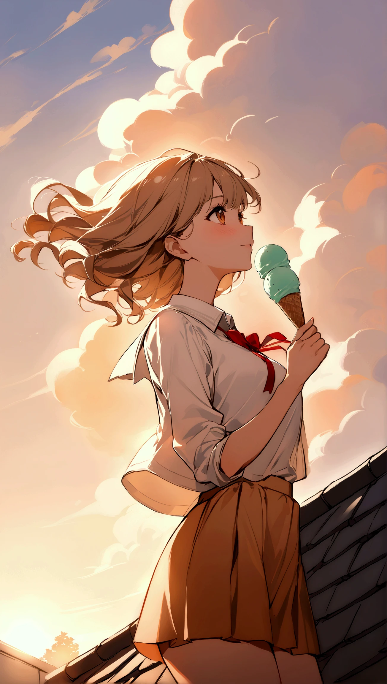 On the roof during the afternoon
A student with light brown hair , curly and with a red ribbon , is on the roof of the school , enjoying the fresh wind . She wears her uniform jacket hanging over her shoulders , while her slightly fitted blouse and short skirt flutter in the breeze. She holds an ice cream in her hand and has a carefree expression , looking up at the sky as the sun begins to descend , creating a warm glow behind her .