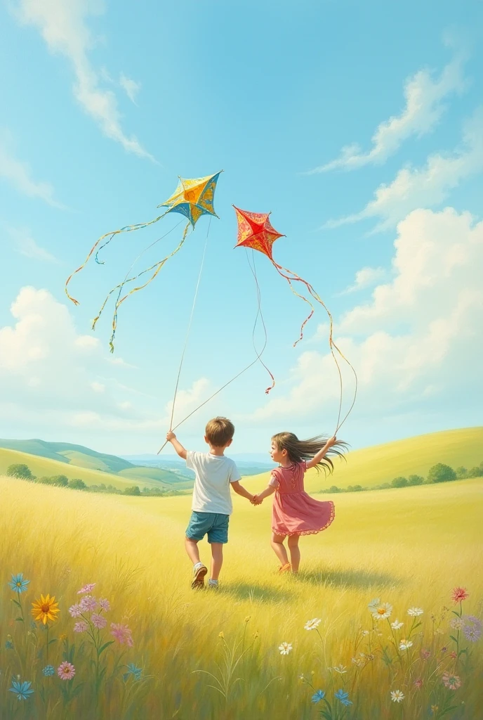 Create an image of a girl and a boy flying kites
