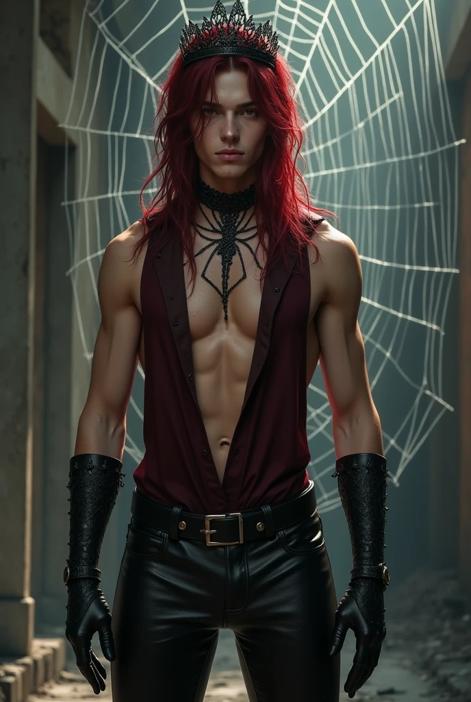((Best quality)), ((masterpiece)), (detailed), ((perfect face)), ((halfbody)) perfect proporcions,He is a handsome vampire, he is 18 years old, , bare chest, piercings and tattoos, badass, he wears open leather jacket he has long wavy hair, he has dark red hair, he wears gothic makeup, he is in a blue forest at night, bats flying around him, he's sexy, dark forest ((perfect face)) there are bats flying around him, fullbody+ vampire ambience(perfect face)) fullbody+ vampire ambience, ((vampire ambience)) vampire fangs