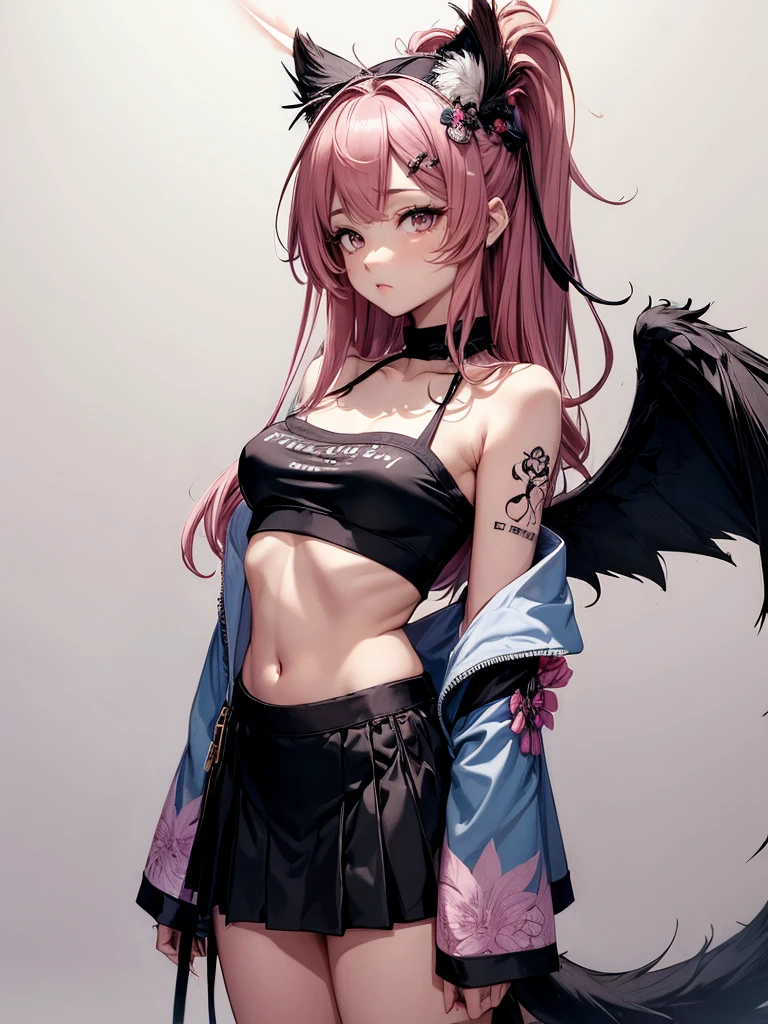 a young woman with long pink hair, tattooed body, wearing a mini skirt and white crop top, subtle view of her butt in full body shot, detailed face and eyes, intricate tattoo designs, cinematic lighting, photorealistic, 8k, hyper detailed