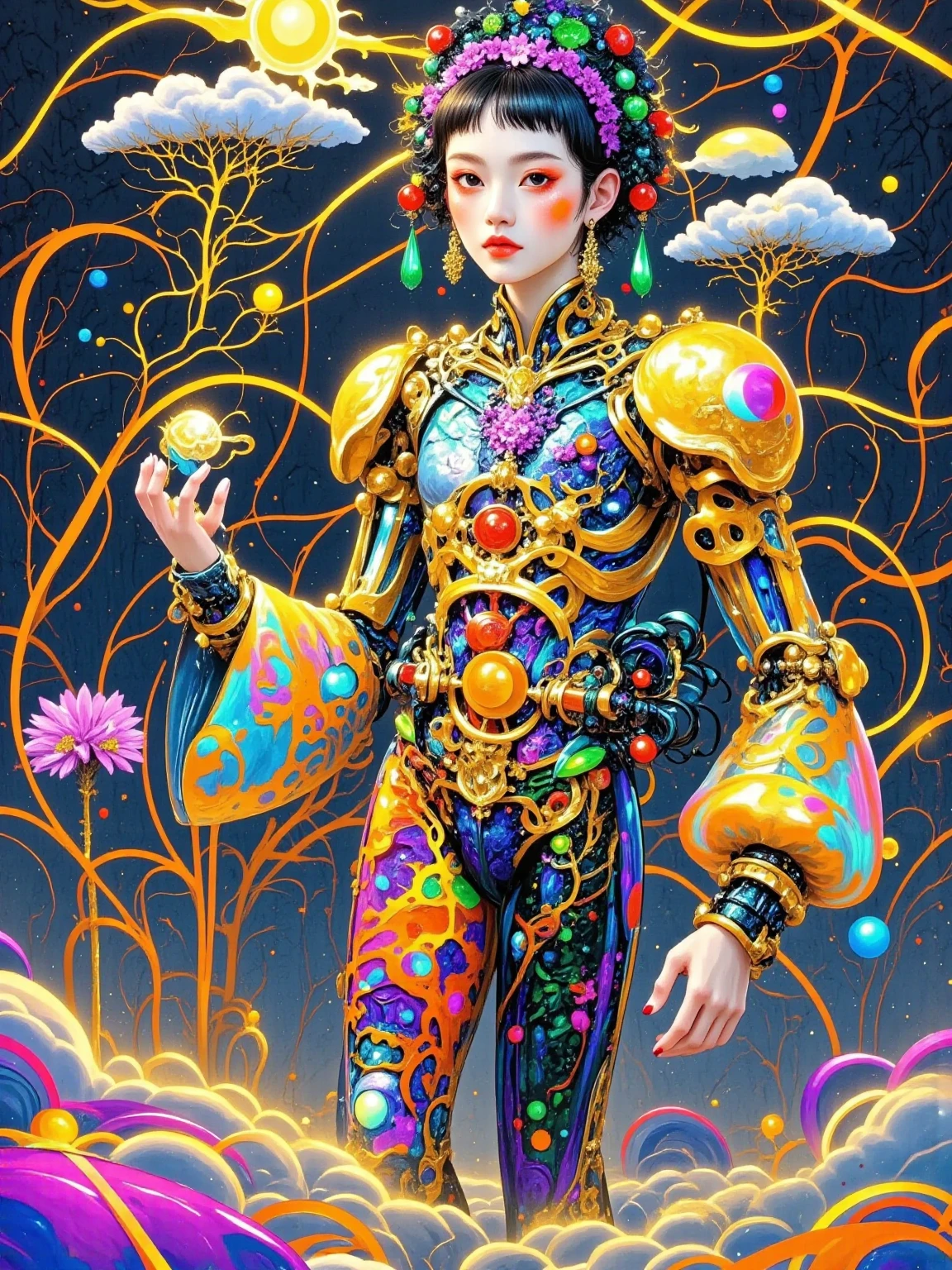 A dramatic, fully saturated depiction of a Cyber-Jester, their wiry figure outlined in looping black ink, blending a complex interplay of watercolor translucence and alcohol ink's vibrant bleed. Their asymmetrical suit, scrawled with chaotic harlequin patterns in neon yellow and blood red, twists around them like digital confetti. Their grinning mask—framed with copper coils, erratic spirals—features glowing green lenses that strobe across the scene. Their clawed glove, intricately detailed with crackling static sparks, traces glitching jesters' marks, wielding a pronged staff dripping with ink-like magenta haze. The background, a distorted tapestry of flickering checkerboards and cascading neon glyphs, enhances the contrast between their gleeful frenzy and dark allure.