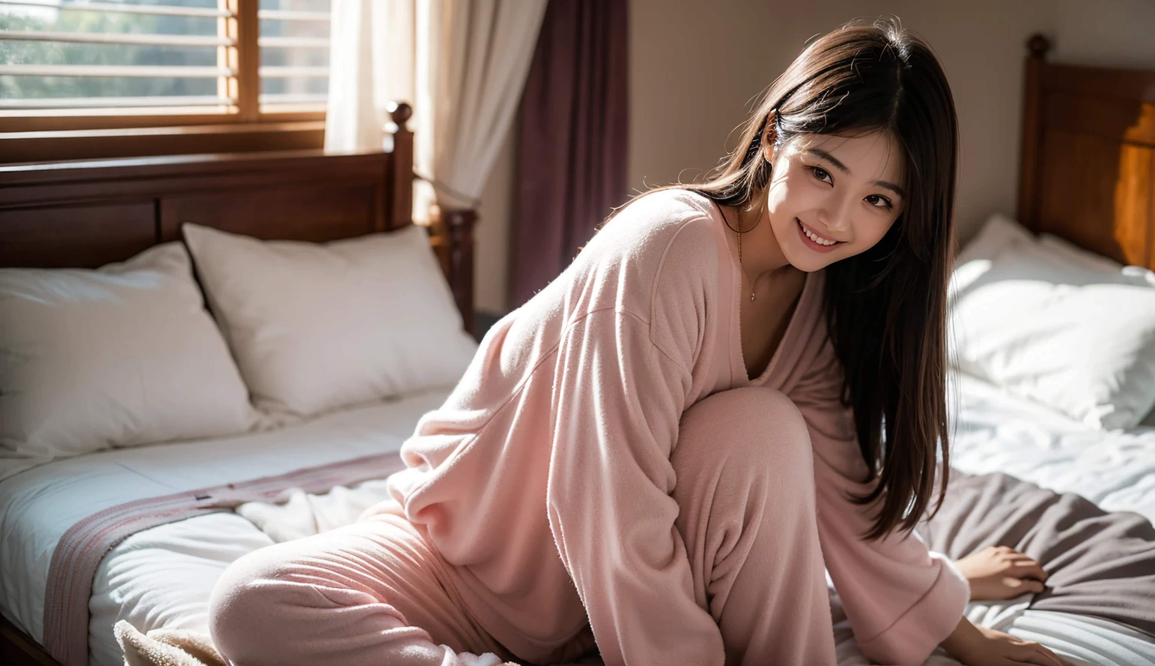 One-shot (e.g. camera shot), Full body, Eyes are in focus, Highlight on eyes, Direct light, Small face (of a woman; generally considered attractive), Slender face, 20-year-old, A young Japanese Beautiful and cute girl is sitting on a bed, sitting cross-legged (i.e. Indian style), Black hair, Cute pajamas, explosive laughter, Dreamy Bedroom, 