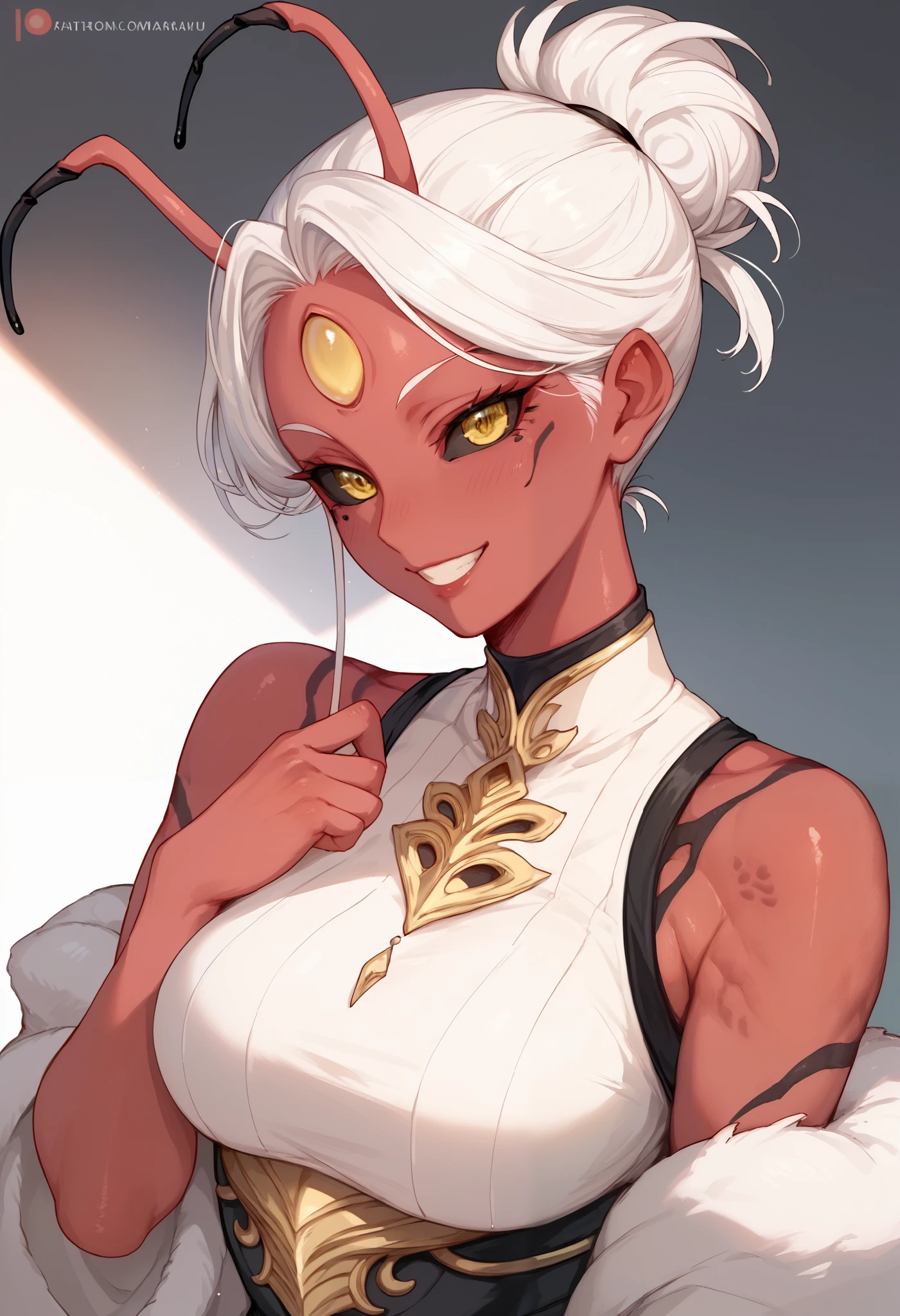  1 mature Woman, red skin, White hair, Four eyes , yellow eyes, black sclera, smiling,Alien clothes ,, anime style,Alien race ,Black marks on the body,Half-tied hair,long insect antennae,