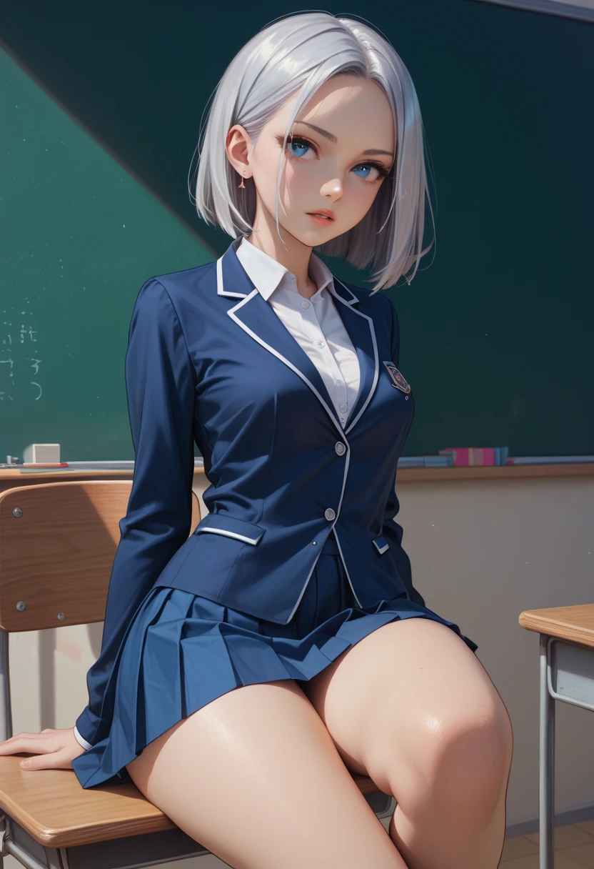 Uma jovem com uniforme escolar, com olhos roxos e cabelos pretos escuros, estava estudando seriamente.