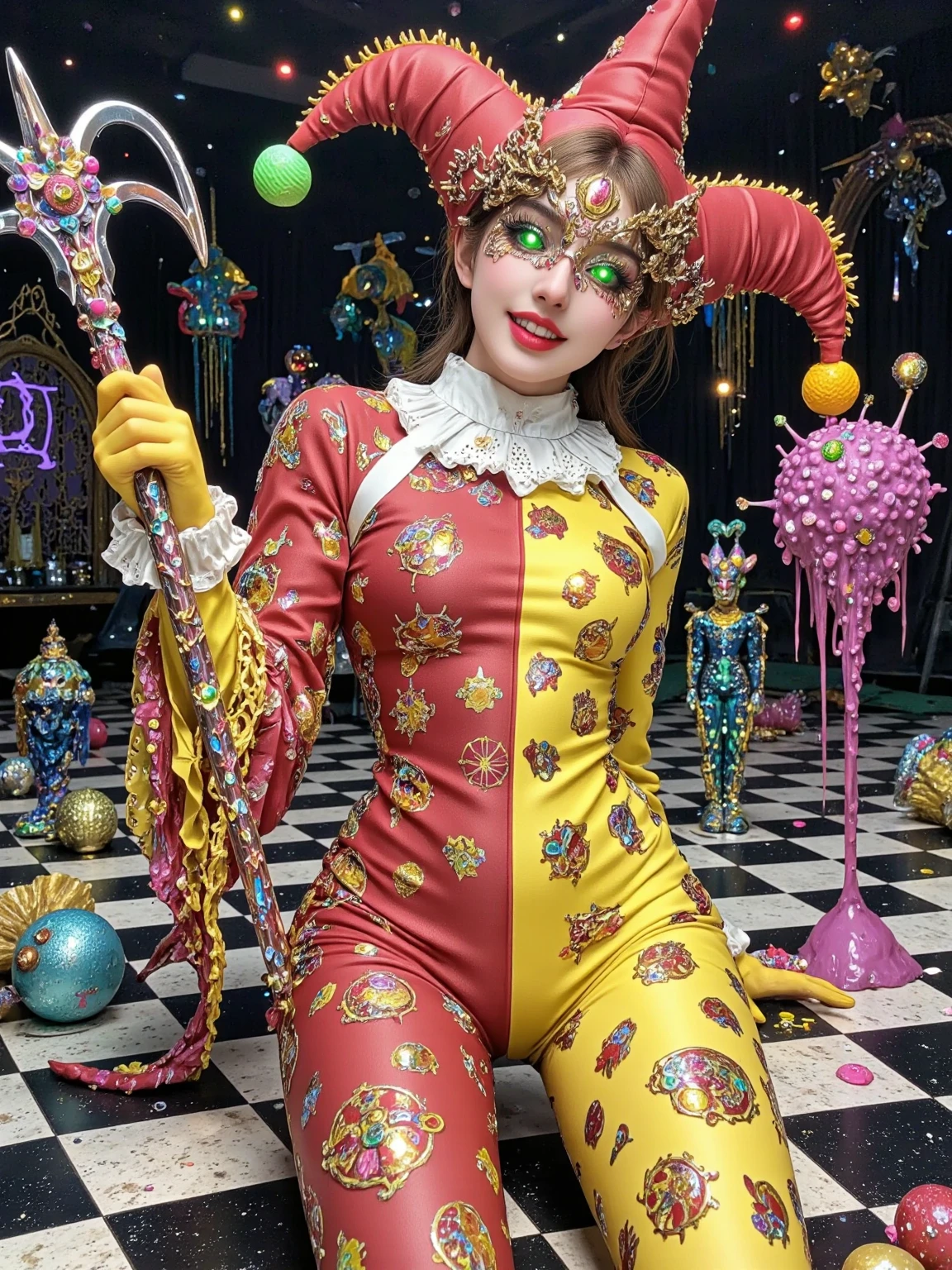 A dramatic, fully saturated depiction of a Cyber-Jester, their wiry figure outlined in looping black ink, blending a complex interplay of watercolor translucence and alcohol ink's vibrant bleed. Their asymmetrical suit, scrawled with chaotic harlequin patterns in neon yellow and blood red, twists around them like digital confetti. Their grinning mask—framed with copper coils, erratic spirals—features glowing green lenses that strobe across the scene. Their clawed glove, intricately detailed with crackling static sparks, traces glitching jesters' marks, wielding a pronged staff dripping with ink-like magenta haze. The background, a distorted tapestry of flickering checkerboards and cascading neon glyphs, enhances the contrast between their gleeful frenzy and dark allure.