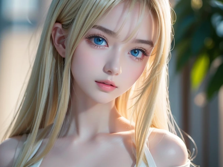 Dressed、(Photorealistic:1.4)、(ハイパーRealistic:1.4)、(Realistic:1.3)、(Smooth lighting:1.05)、(Improved cinematic lighting quality:0.9)、32k、1 Girl、A beautiful woman、Very cute expression、A beautiful 16 year old blonde girl、bangs that fall on the face、Bangs left over the eyeessy bangs between the eyes and nose、Realistic top lighting、Backlight、Face Light、Super long silky platinum hair、Blonde rays、(Bright light:1.2)、(quality improvement:1.4)、(Highest quality realistic textured skin:1.4)、Very beautiful, detailed, shiny, very bright, mint blue, large eyes、Very big eyes、Detailed face、A careful eye for quality、(Tired, sleepy and satisfied: 0.0)、Face close up、T-Shirts、(Enhances the body line:1.1)、(Enhances the beauty of skin texture:1.1)、Cheek gloss highlighter、Small Face Beauty、Round face