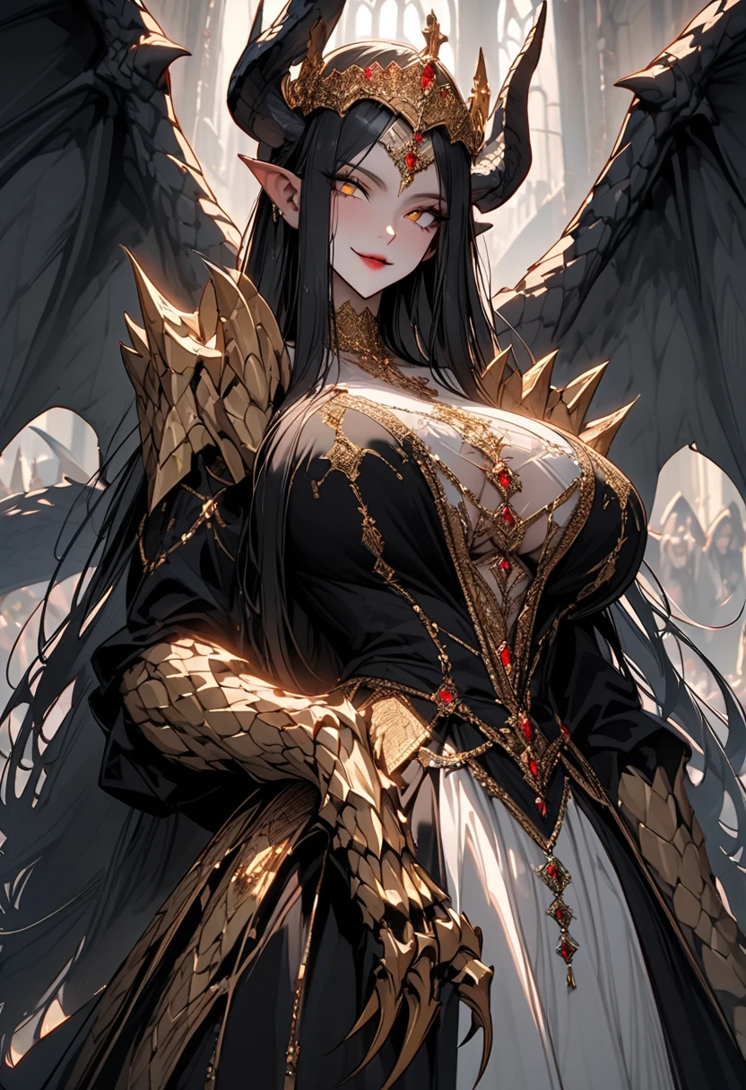 A serpentine black dragon magically transforms into a lovely Malaysian woman (dressed like a Romanian trollop), set in a medieval European village under a full moon. She is a trickster spirit and has seduction to get up too, her dress ACCIDENTALLY drops off how clumsy (show her from head to toe, she hand bra covers herself just enough to be SFW)