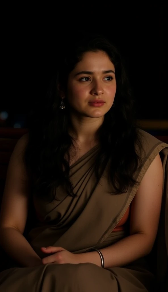 A malayali house wife , wearing a saree, curly long hair, sitting in a sofa, looking pensive and reflective. Her expression should convey a sense of struggle or sadness. Add subtle lighting to highlight her face against the dark background, enhancing the emotional depth of the scene.