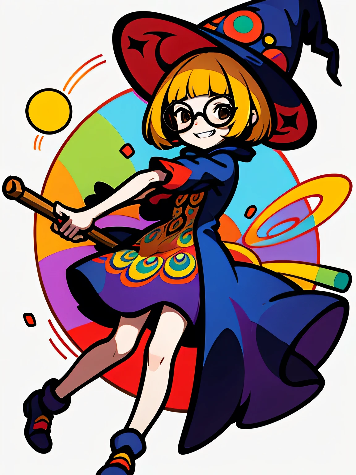 Alone,(fullbody),blonde short pixie cut,(blunt bangs ),glasses, Peacock Design Gorgeous Witch Dress,Beautiful Distortion of Space-Time ,grin,fighting stance, Geometric Luxury Design Background ,White Background,