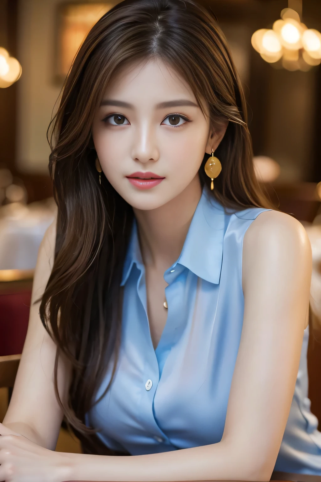 masterpiece, Highest quality, Realistic, Very detailed, Finer details, High resolution, 8k wallpaper, One beautiful woman, Wear a pretty colored silk shirt, In a great restaurant, At night, Light brown messy hair, Perfect dynamic composition, Beautiful and beautiful eyes、Big earrings、chest、Sleeveless shirt、