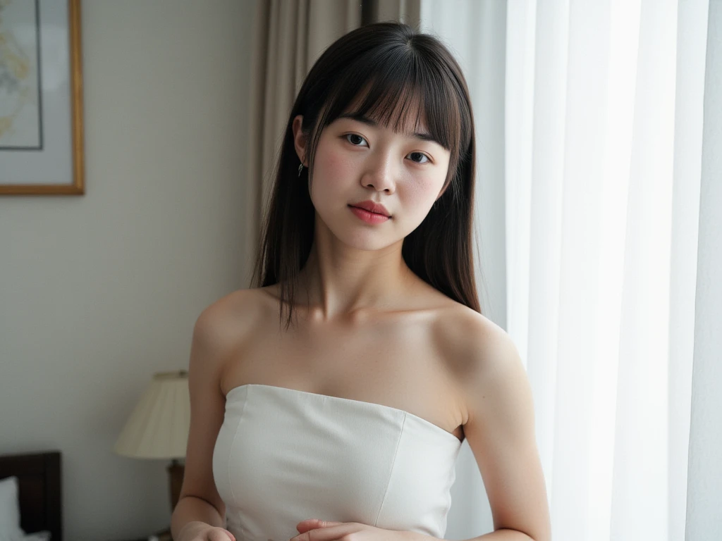 White room, The high resolution photograph of a young Japanese female idol, solo, Distant view, 1girl, (wearing a strapless off-shoulder dress), portrait, looking at the camera, (straight long black hair with blunt bangs), pale skin, detailed face, detailed eyes, seductive eyes, natural make-up,
(aahegao, tongue out, dr00l), indoors, 