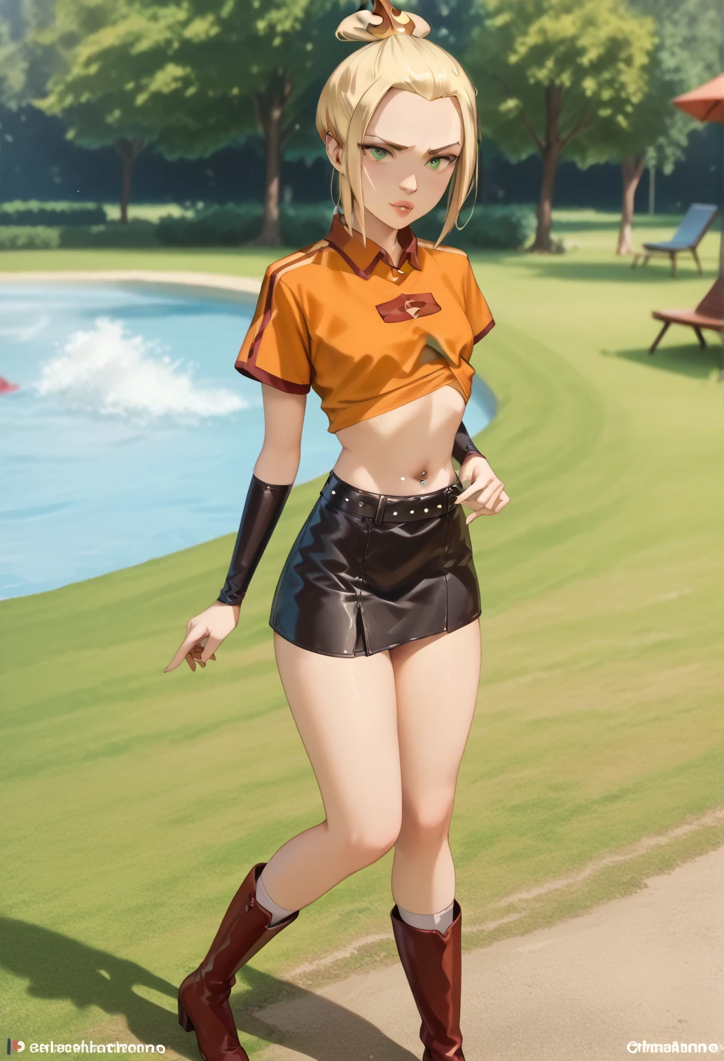 Blonde hair, emerald green eyes, Azula wearing a super sexy outfit with an orange top covering only her nipples, belly button piercing, black latex mini skirt, knee-high black leather boots, cinematic lighting, ray tracing, ray tracing, chiaroscuro, chiaroscuro, depth of field, masterpiece, masterpiece