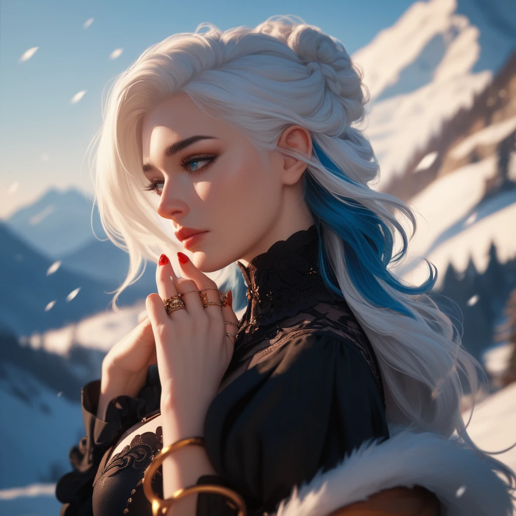 With a sad look and full breasts,  a beautiful snowy mountain in the background with dragons flying over, Your white hair with sky-blue highlights at the ends of your hair,  on your hand rings and a long medieval black dress , high heels with red nails 