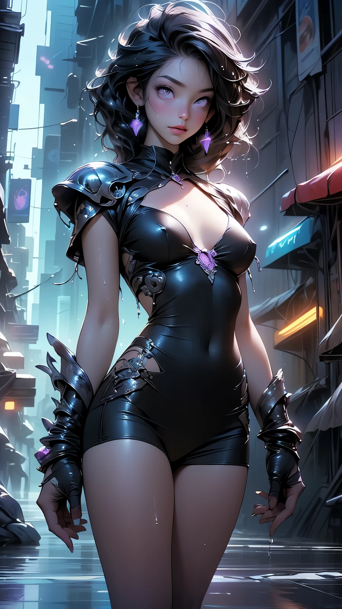 dnd character, Ominous figure in human form, Humanoid, sheer bodystockings, Detailed features, Detailed facial features, small detailed, busty, curvy hips, sheer bodystockings, (full bodyesbian:1.2), (Colorful:1.3), (actionpose), 4K, Intricate, Masterpiece, Digital painting, Detailed, (Depth of field:1.2), Global illumination, (greg rutkovsky(Greg Rutkowski)and Roossils(Rossdraws)and WLOP's artwork)