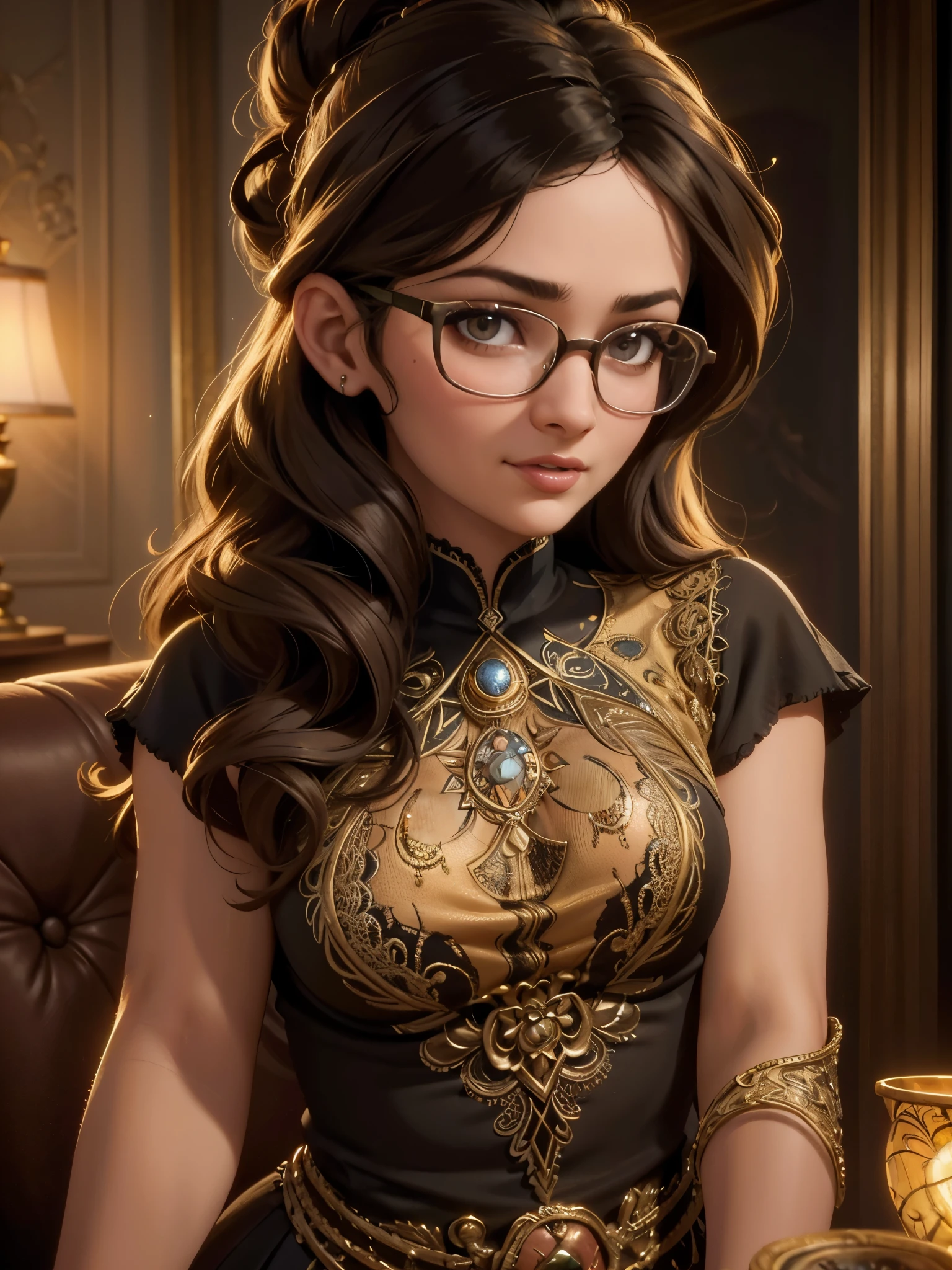 a beautiful young Turkish woman with curly long dark hair, thick-framed glasses, hair up, laughing, detailed face, intricate hairstyle, ornate glasses, expressive eyes, detailed portrait, oil painting, cinematic lighting, warm color palette, vibrant colors, photorealistic, masterpiece, ultra-detailed, 8k, highly realistic, exquisite detail, prinzzess