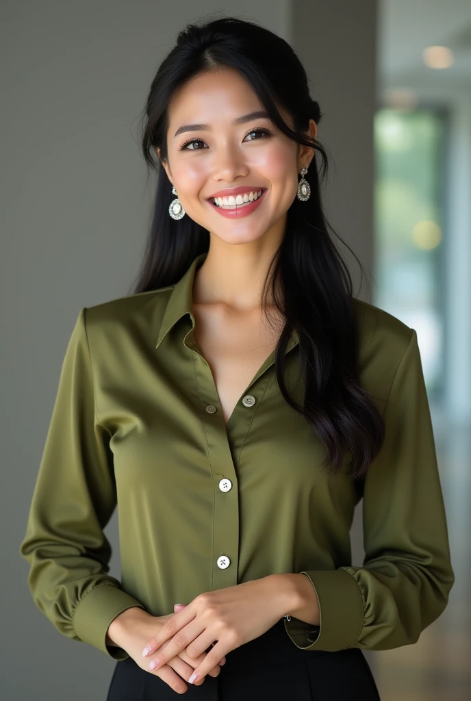 Lucy Liu dressed in elegant clothes in bright colors with a sexy smile