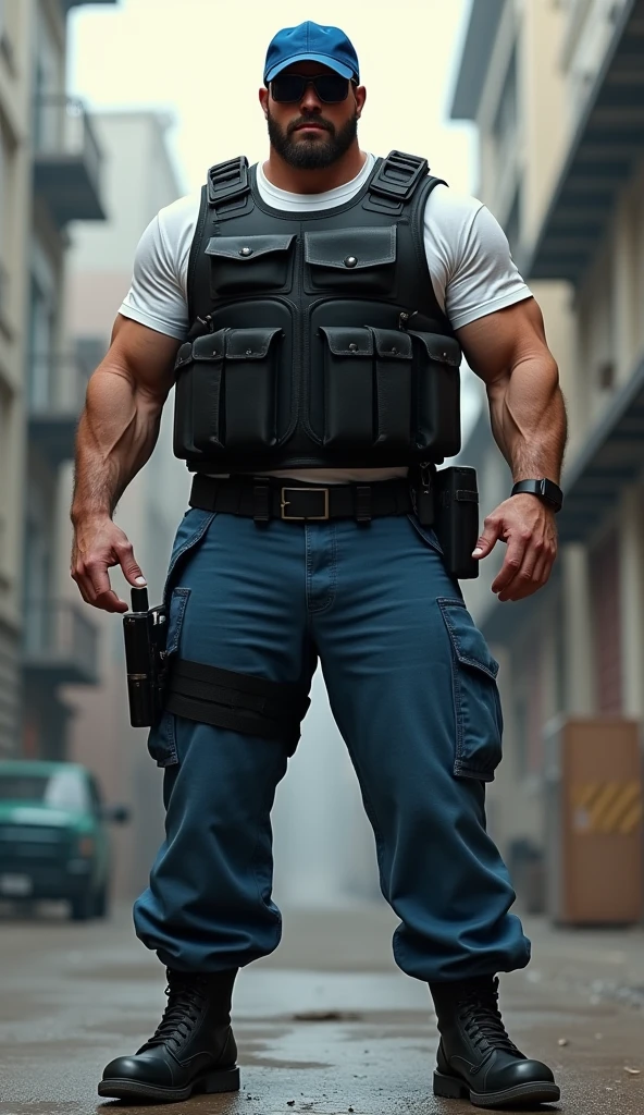 a poster for the movie,Character design(Resident Evil - Chris Redfield,Chris Redfield),fnaked,No accessories for hands,smooth body,Large bag at the crotch,full entire body,Standing alone in the ruins of the apocalypse,The expression is sad,muscular male hero,Heroic male pose,Tall and burly,very muscular!wears dark glasses,Sexy charming muscular leg muscles,Tall, Burly, and strong, super buff and cool, high resolution commission, Attractive strong men,The blazing sun shines on the body,