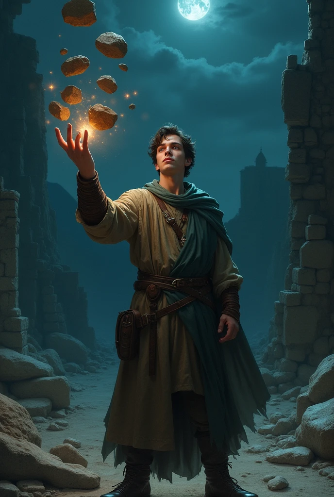 Medieval young man with a deserted background at night with the power of Lilas to levitate rocks