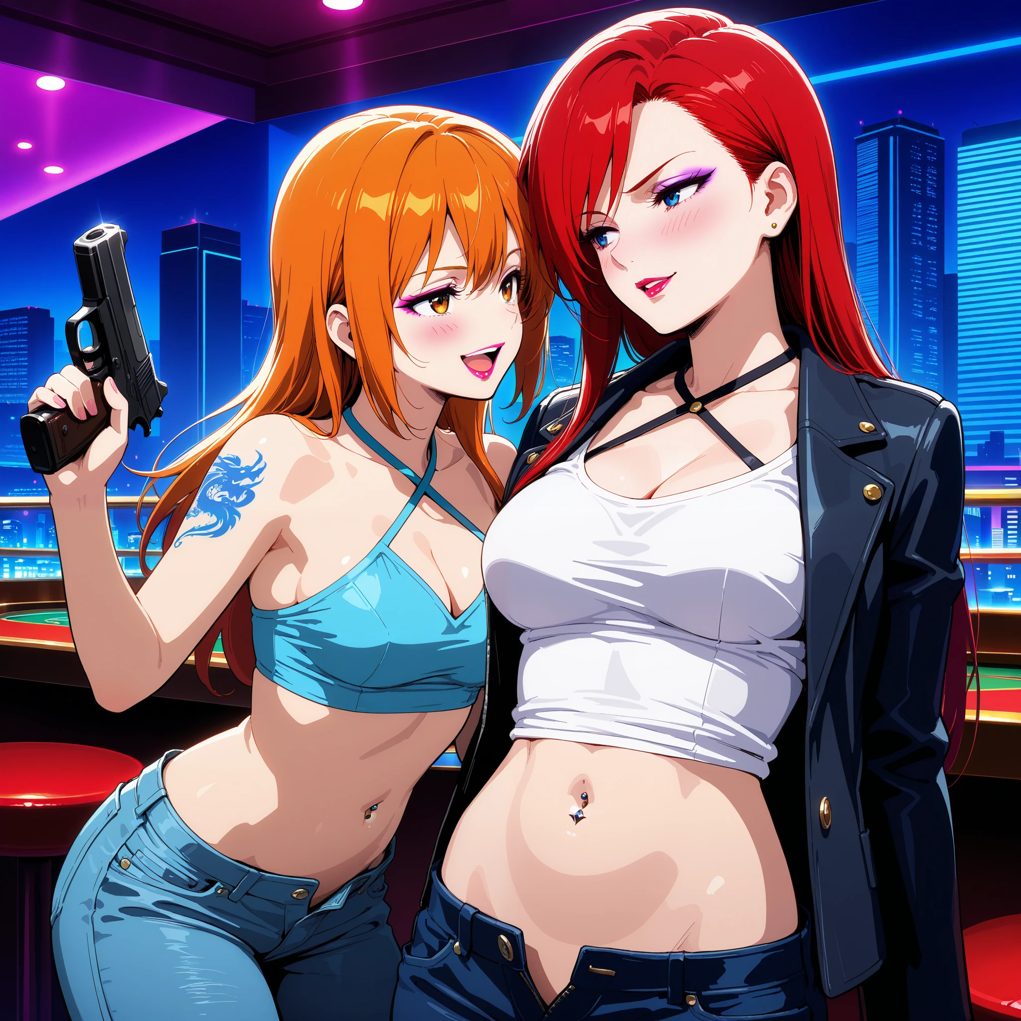 score_9, score_8_up, score_7_up, source_anime, anime screenshot,
2girls, two girls,, long hair, medium breasts, makeup, lipstick, blush, lipstick,Hot girl, baddie, bad attitude, mean girl,, sensual, attractive, bar
background, inside bar,indoors, cityscape, casino, nightclub, city lights, masterpiece,high
quality,4k,belly,,holding pistol,cleavage, unbuttoned shirt, shirt, knot, smile, open mouth, (nsfw)
not safe for work, evil expression, exposed belly, exposed navel, exposed midriff, exposed lower
belly, ,jacket, unbuttoned jeans , low rise black jeans, Low rise jeans, Low rise
jeans with open fly, dragon tattoo, narrowed eyes, tattoo midriff, criss-cross halter,navel piercing,