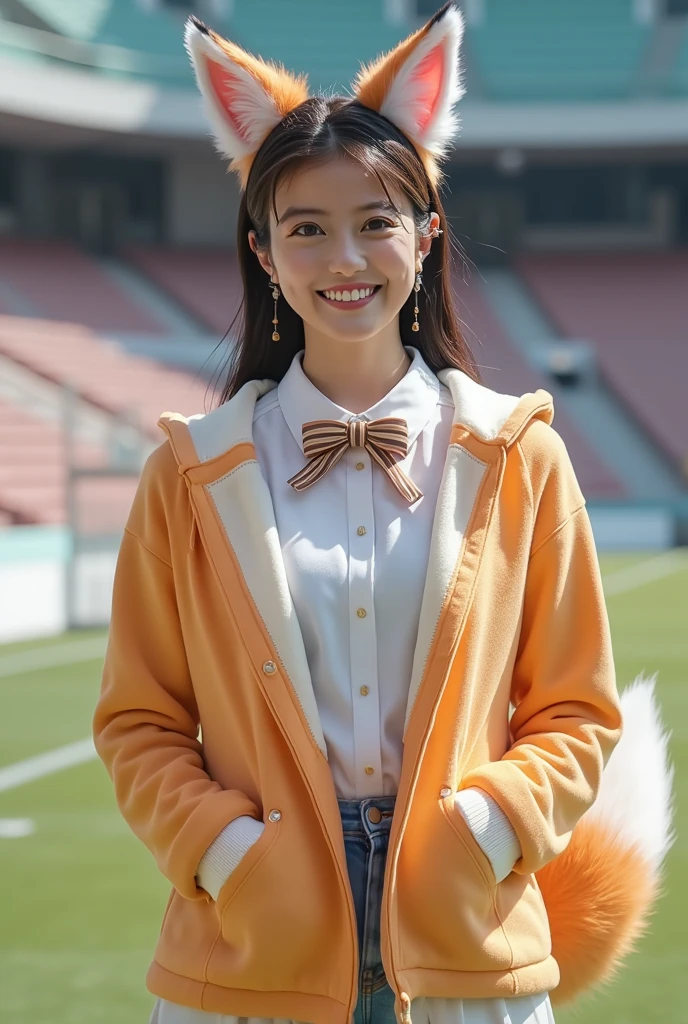 (( top quality , 8k)), ((masterpiece)), ( highest resolution),  perfect face, Woman with fox ears, Women have tails,  beautiful women, She's a college student , It was filmed at the stadium , Only one tail, She has thick thighs, Her big fox tail ,  her fox tail is visible , She wags her tail,  she's wearing a bow tie , She is wearing a fox costume,  Big Breasts ,  big hips, There is 1 tail growing on her butt ,  her fox tail is sticking out , Her tail is fox-colored,  smile, on all fours
