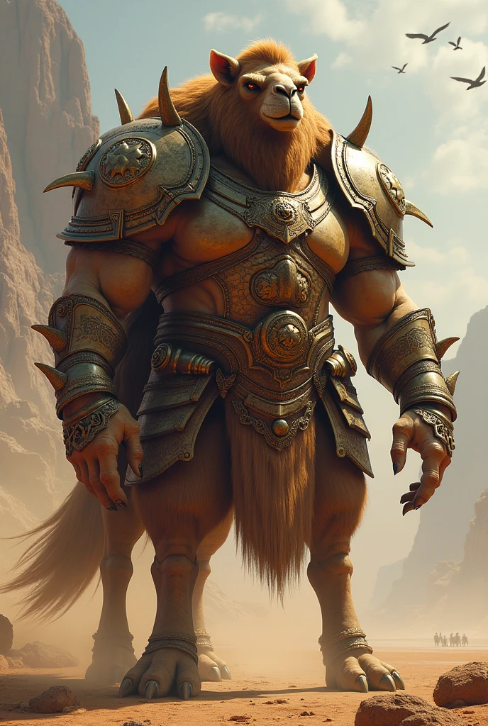Lion and elephant mix brid in war costume with weapon 
