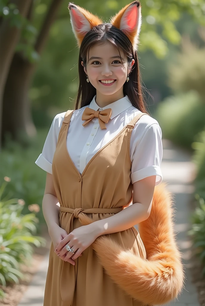 (( top quality , 8k)), ((masterpiece)), ( highest resolution),  perfect face, Woman with fox ears, Women have tails,  beautiful women, She's a college student , It was filmed at the garden , Only one tail, She has thick thighs, Her big fox tail ,  her fox tail is visible , She wags her tail,  she's wearing a bow tie , She is wearing a fox costume,  Big Breasts ,  big hips, There is 1 tail growing on her butt ,  her fox tail is sticking out , Her tail is fox-colored,  smile, on all fours
