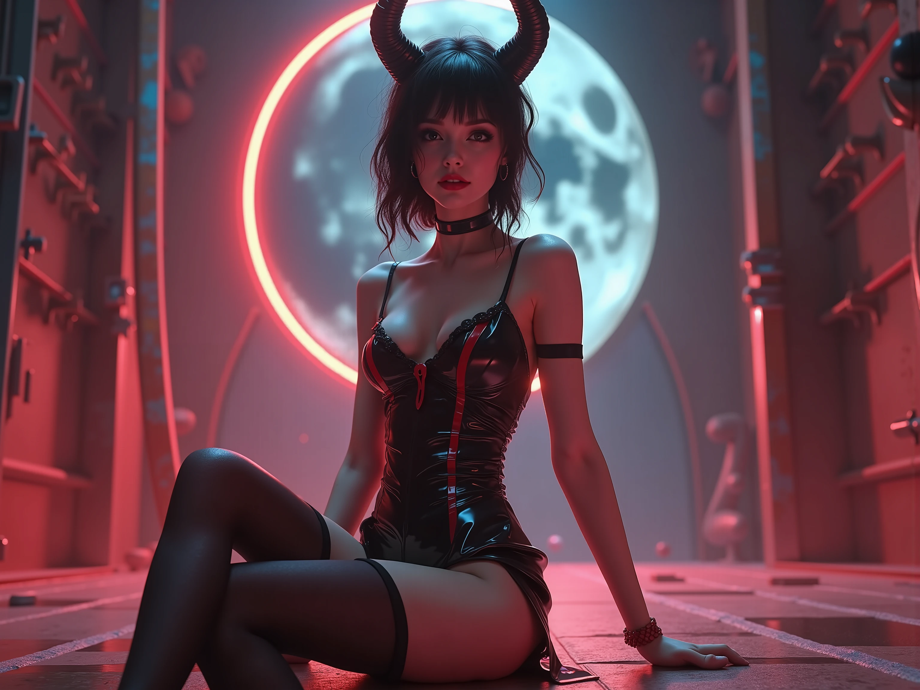   quality and details :

    (8k, HD, ultra-detailed,  realistic ,  masterpiece: 1.3), (Professional lighting, kinoreif,  clear focus on the figure : 1.5), (strong colors,  sharp details , flawless textures ).

 scene and lighting :

     A radiantly illuminated woman in a tight-fitting ,  black dress with Fine stockings take center stage in front of a big ,  glowing red moon .
     The figure is bright : concealed ,  warm light sources put her in focus ,  surrounded by a delicate golden glow ,  that gently accentuate her silhouette .
     Soft shadows and reflective light reinforce the plasticity of her body and the shiny textures of her outfit.

Character:

     She is an elegant and seductive succubus ,  inspired by Lilith and cyberpunk aesthetics .
    Her black, short dress,  combined with red and black details ,  is highlighted by the light ,  which makes every fold and accent perfectly visible .
     Your seductive look and dominating posture catch the light and glow almost .

atmosphere:

    The background,  with gothic and futuristic elements such as neon shimmers ,  remains in contrast to the perfectly illuminated figure .
     Black and red color accents ,  which is reinforced by the bright main character ,  create a dramatic and gripping scene .
     Inspired by Diablo 4 and Demonic anime girls ,  is the scene a mix of cyberpunk and medieval fantasy ,  with a clearly dominating bright figure in the foreground .