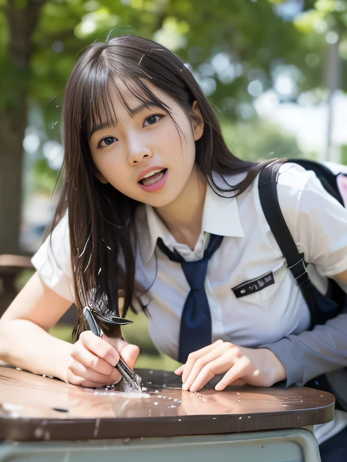 A panty student has outdoor sex with a man on a classroom desk , penis, lots of squirting, ecstasy face crossing a man,