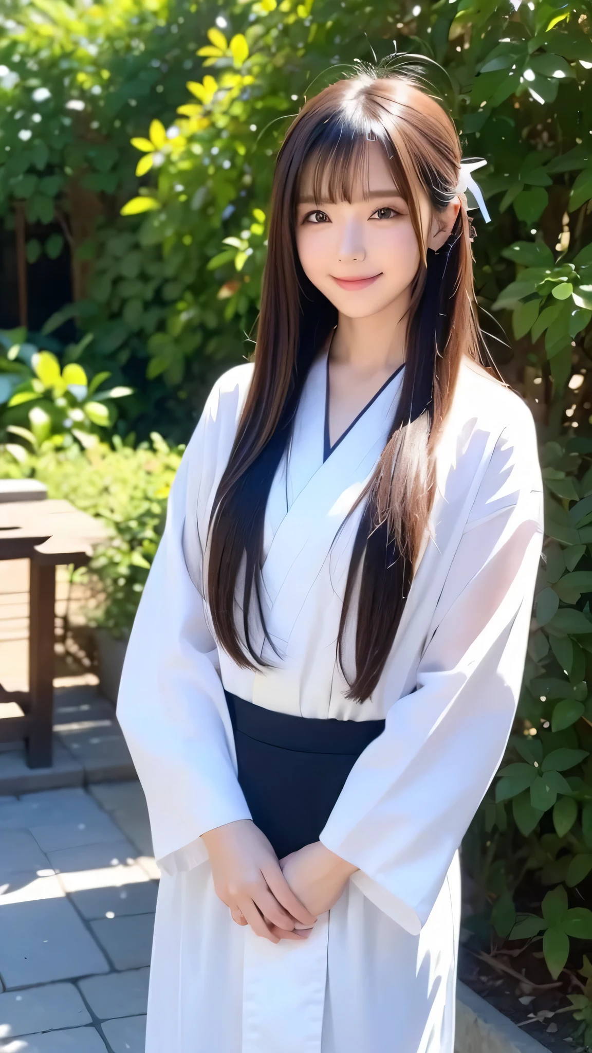 girl wearing shrine shrine shrine costume, Swollen eyes, smile, Show her smile, huge breasts, ( black hair), super long hair, hair ornament , ribbon, white kimono, pretty standing position , open chest costume , Full body high definition image, throw, Under Bright Sunlight 。,