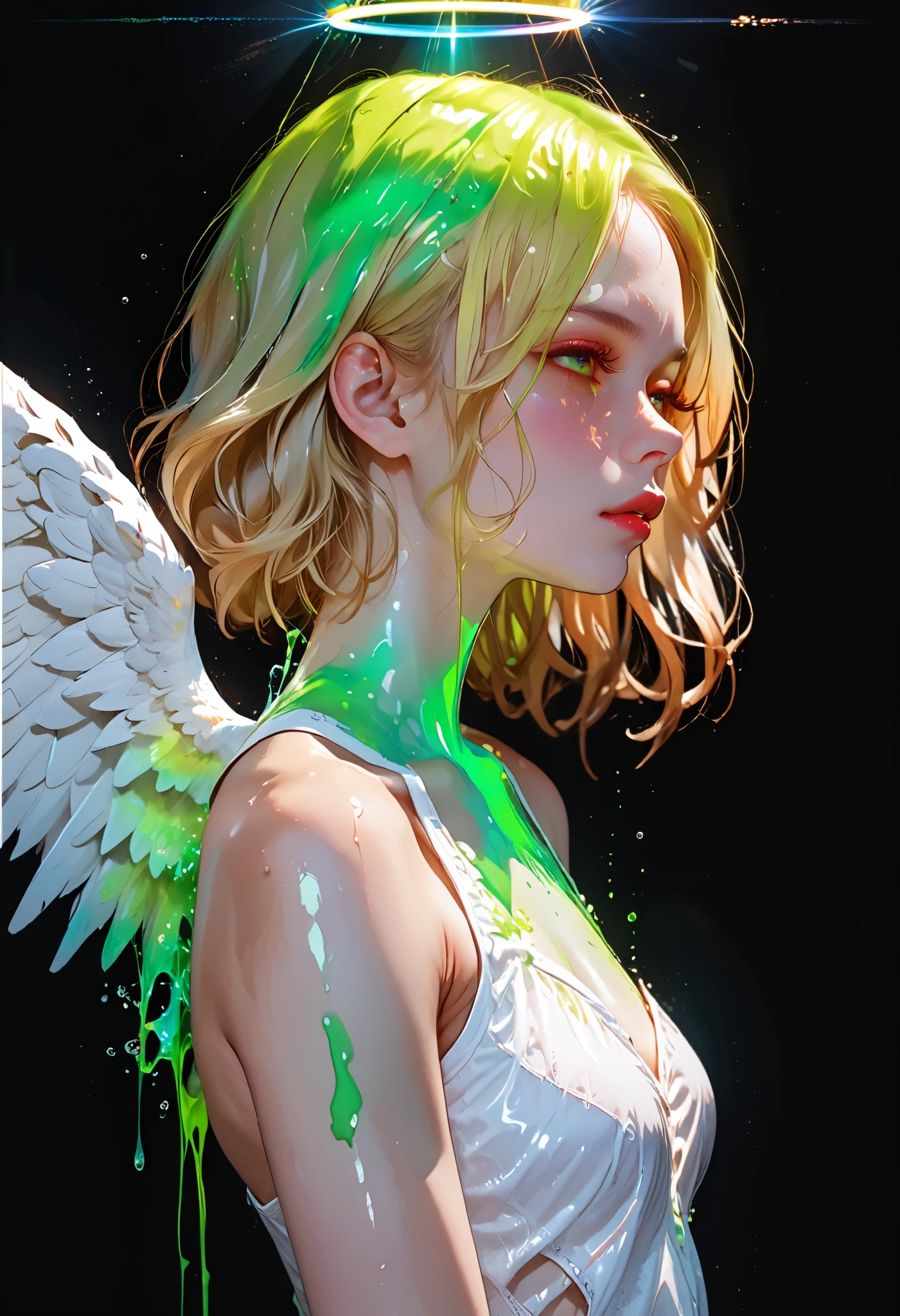  beautiful blonde woman ,   red eyes (( His eyes are red )), long light gold hair,   Sickly,    dark circles under her eyes due to lack of sleep ,  sensual plump lips ,  body aesthetics , wet clothes, god и slim ((god, slim, small bust )),  light skin ,  profile view, turned around, large angel wings grow from the shoulder blades on the back ((two symmetrical wings )), rainbow halo , stands in glowing neon green water , water is poison ,  neon green liquid glows brightly ,  neon green aura , glare of light, refraction of rays , Black magic , witchcraft, black background,  high definition ,  masterpiece, Accuracy,  high detail,  High quality ,  Main detail,  Textured leather,  Retina ,  Ultra high definition 