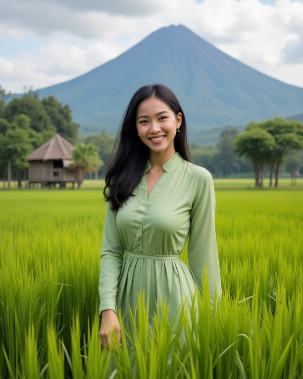 A Gorgeous black haired female Indonesian West Javanese Rice Farmer wears light green kebaya dress with a happy face and light laugh, nurturing her just about to crop rice at her vast rice field with beautiful volcano in background, bamboo hut and bamboo woods, an epic masterpiece hyper realistic digital photography of Annie Leibovitz, professional color grading by Kenneth Hines Jr. , rendered in 80's European Color Comic Style