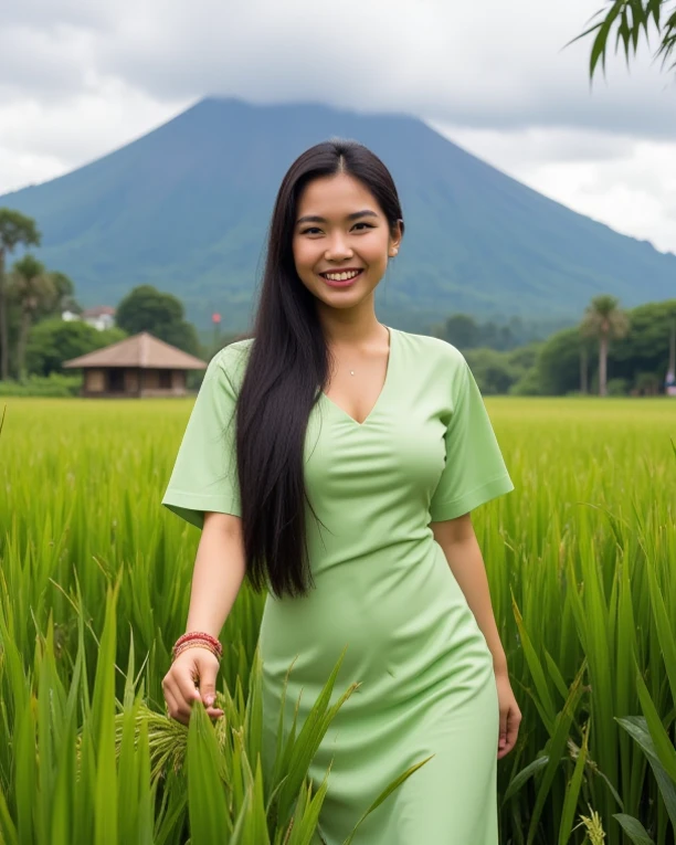 A Gorgeous black haired female Indonesian West Javanese Rice Farmer wears light green kebaya dress with a happy face and light laugh, nurturing her just about to crop rice at her vast rice field with beautiful volcano in background, bamboo hut and bamboo woods, an epic masterpiece hyper realistic digital photography of Annie Leibovitz, professional color grading by Kenneth Hines Jr. , rendered in 80's European Color Comic Style