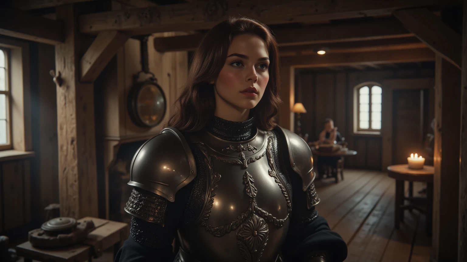 Create a photorealistic depiction of a young woman clad in medieval-style armor, standing in a rustic wooden room. The armor features a polished breastplate adorned with detailed engravings, layered over a dark padded garment. Her expression is resolute, with loose strands of wavy hair framing her face. The setting includes wooden beams, a small table with a lit candle, and a window allowing soft natural light to filter through. The lighting is warm and moody, highlighting the reflective sheen of the armor against the room’s shadowy backdrop.