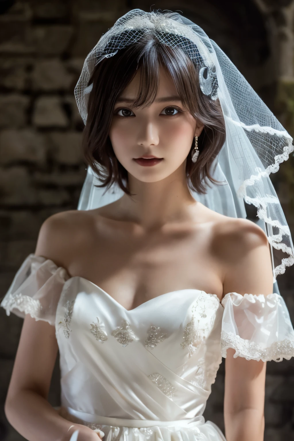 1 girl, ( wearing a gothic wedding dress :1.2), (Veil), Portrait of a very beautiful Japanese idol standing in an old Scottish castle,
( RAW photos, best quality ), ( realistic, realistic:1.4), (masterpiece),
so delicate and beautiful, VERY DETAILED, 2k wallpaper, amazing, finely, VERY DETAILED CG Unity 8K wallpaper, VERY DETAILED, High Resolution , Soft light,
girl with beautiful details wearing a navy blue blouse, VERY DETAILED目と顔, beautiful and sophisticated nose , beautiful beautiful eyes under the sun, movie lighting,
(Standing in an old Scottish castle:1.3), ( overcast, monotone dark screen standing in an old Scottish castle :1.3), (Thick Fog),
(Short hair), Perfect Anatomy, slender body, ( small breasts), whole body