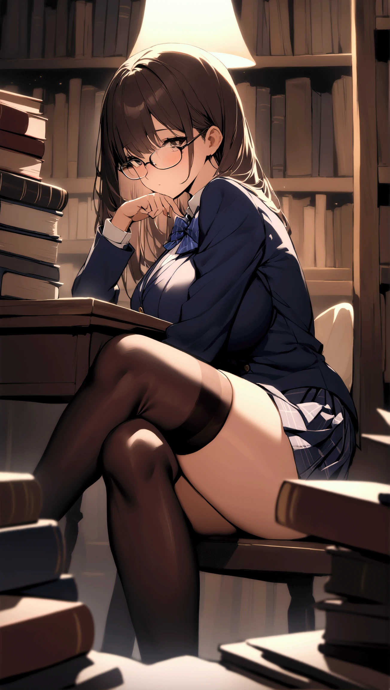 In the library at night
A girl with big breasts ,  thighs and butt wearing glasses with long, straight chocolate-colored hair is sitting in a quiet corner of the library.  She wears her perfectly arranged school uniform ,  with high stockings that complement her elegant appearance .  She is surrounded by books and seems completely absorbed in her reading , but her relaxed posture ,  with a slightly crossed leg and a lock of hair playing between her fingers ,  gives her an air of intellectual sensuality .  The dim light of her desk lamp illuminates her face ,  creating an intimate atmosphere .