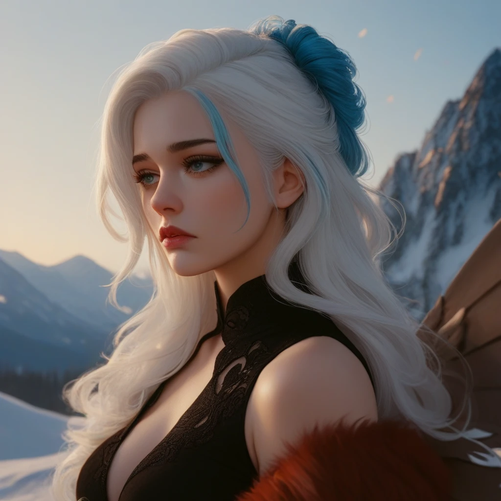 With a sad look and full breasts,  a beautiful snowy mountain in the background with dragons flying over, Your white hair with sky-blue highlights at the ends of your hair, on her hand long nails with black nail polish and a long medieval black dress, high heels with red nails 