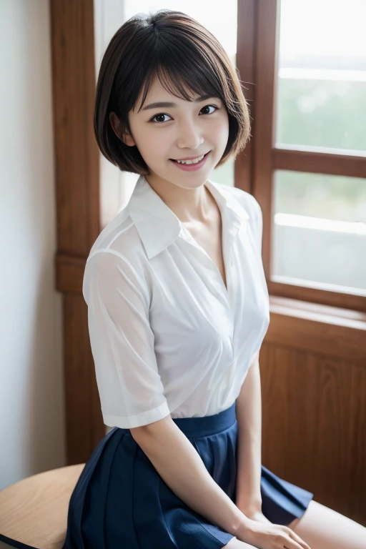 ((Schoolgirl sitting at a table in the classroom))、The background is a classroom window.、Navy Blue Blazer、(White blouse)、((Large bust : D Cup))、(((White blouseのボタンをはずしてオッパイを見せる)))、Red bow tie、((Dark blue checked skirt))、8K,、Ultra-high resolution、Detailed Description、photograph,、Tabletop、Highest quality、((Beautiful Eyes、Short Bob Cut Girl、Straight brown hair、White skin,、Various poses、((Center of chest : 1.1))、Highest quality、Tabletop,、Ultra-high resolution,、(Realistic:1.4)、RAWphotograph、(Perfect figure)、 (slim:1.3)、slimな腹部、Perfect slim figure、Dynamic pose、alone、Cold Light 12000K、(Realistic skin)、 charm、Ultra-high resolution、 超Realistic、Very detailed、(The wind blows up my skirt)、(smile)、 (Realistic skin)、charm、Ultra-high resolution、超Realistic、Very detailed、(The wind blows up my skirt)、(Lift up the skirt)、(White panties are visible)、(smile)、Cowboy Shot、((From below)),