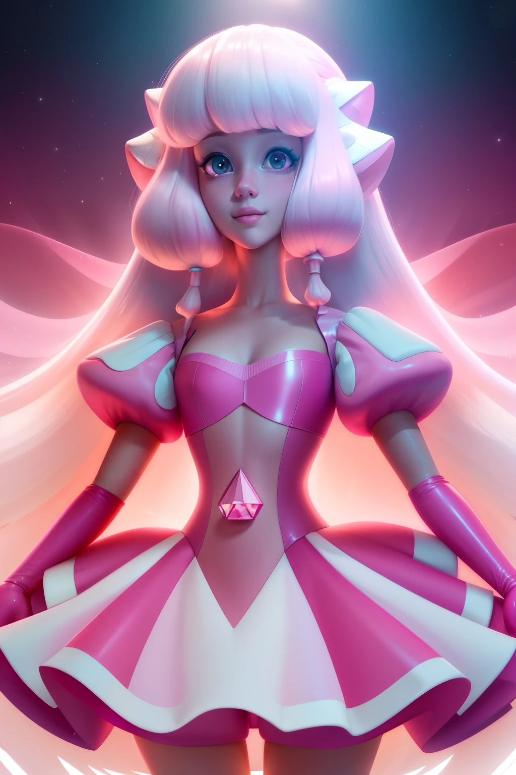 pnkdamond, pink hair, pink eyes, big hair, stomach gem, pink skin, toned,
puffy short sleeves, elbow gloves , white thighhighs, puffy dress,
standing, upper body,
outerspace,
(insanely detailed, beautiful detailed face,beautiful detailed eyes, masterpiece, best quality) cinematic lighting, smile,