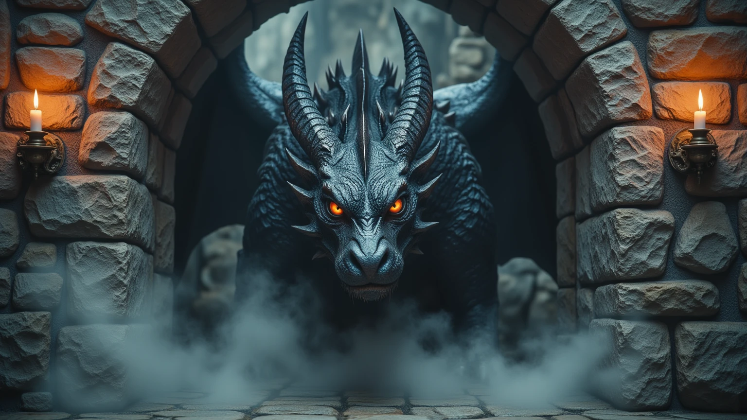 "Create a photorealistic image of a massive dragon peering through a stone archway. The dragon has textured black scales, glowing orange eyes, and sharp, menacing horns. The archway is made of rough, weathered stone, with cracks and uneven edges visible. Two medieval candles are mounted on either side of the archway, their flames flickering and casting warm light onto the cold stone. Mist and smoke rise around the dragon, creating a mysterious and foreboding atmosphere with soft, diffused light filtering through the mist.