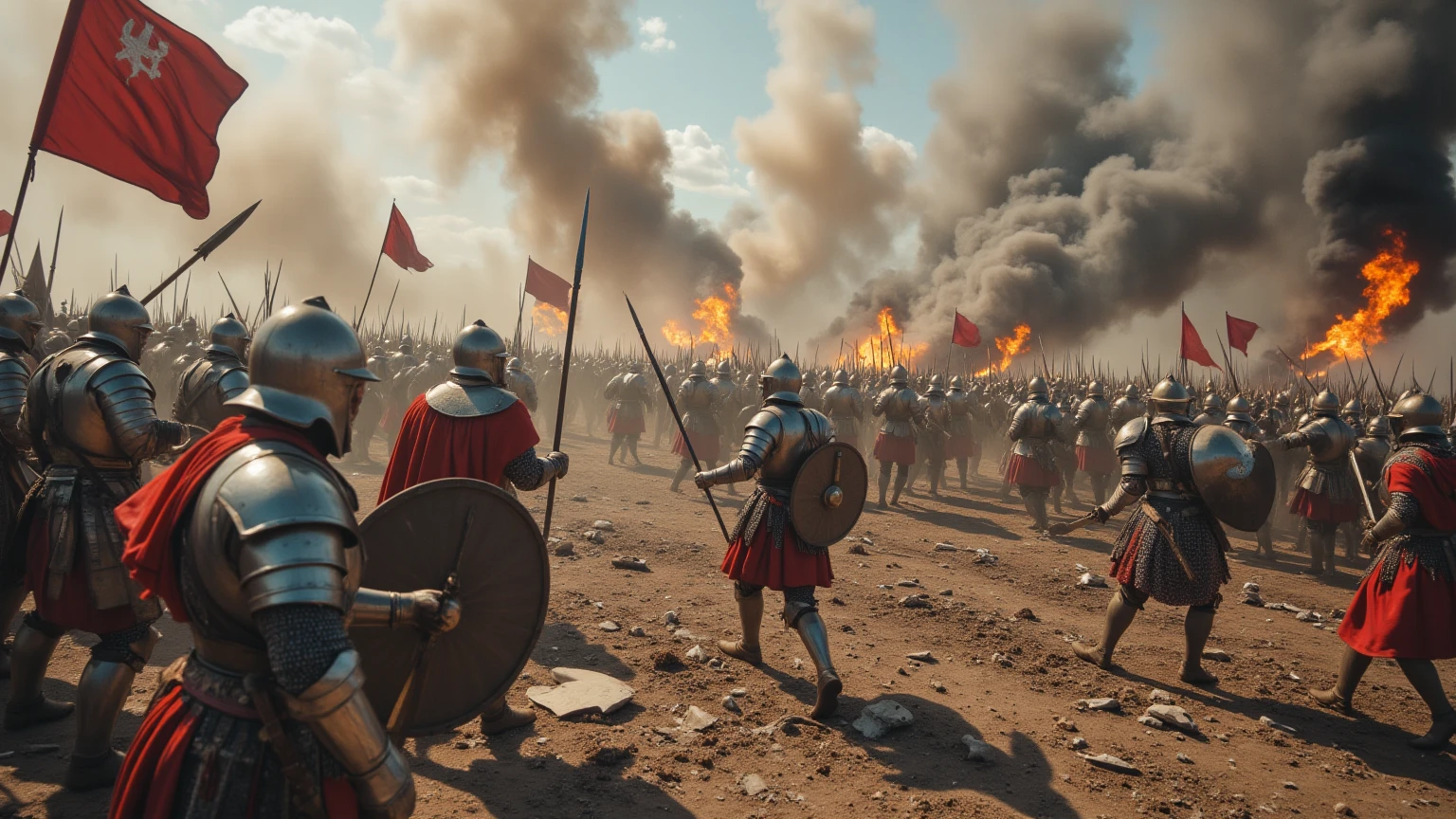 Generate a chaotic medieval battlefield filled with armored soldiers clashing amidst thick smoke and dust. The soldiers wear silver and red armor, wielding swords and spears, with some charging forward and others engaged in combat. The ground is uneven and littered with broken weapons, shields, and scattered debris. Explosions in the background send plumes of smoke and dirt into the air, while banners and flags flutter amidst the chaos. The lighting is harsh and dramatic, with a mix of sunlight breaking through the dust and the glow of fires illuminating the scene."