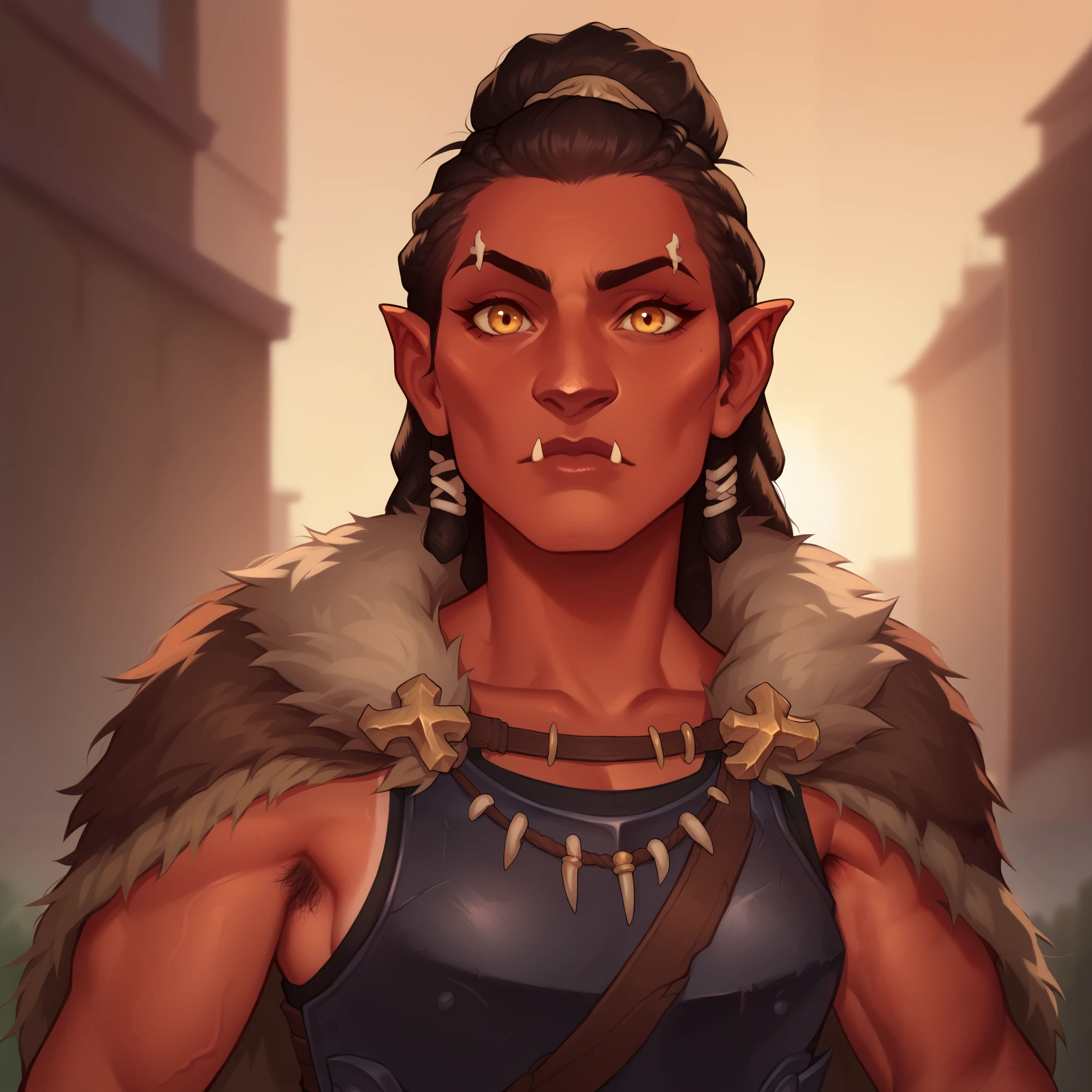 (((beautiful, high quality, comics style, detailed face))), score_9, score_8_up, score_7_up, BREAK, portrait, solo, 1woman, Hobgoblin, red skin, fangs, big nose, sun-tanned complexion, tall, muscular, one raised eyebrow, dreadlocks in a bun, square jaw, adult, fur mantel, fur cape, hairy armpits, black platearmor, druid, bulging veins, bracers, bone jewelry, fantasy city, blurred background, Expressiveh, DeepNegative_xl_v1, detailxl, zPDXL2