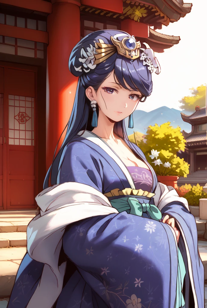 score_9_up, score_8_up, score_7_up, score_6_up, anime_source, 1girl, solo, high quality illustration, (masterpiece, best quality:1.2), highres, extremely detailed, perfect lighting, photography, 8K, HDR, Lihua, blue japanese kimono, temple, flowers, solo