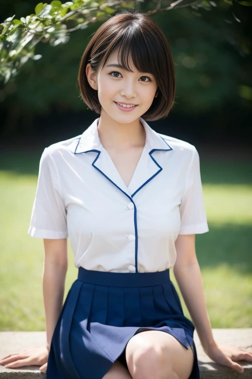 perfect Ratio Face, Balanced eyes, double eyelid,japanese girl,yr,round face, Beautiful nasal muscles lipgloss,Balanced style,shorthair with bangs,smile,open dress shirt,fluorescence blue underwear,undersize panties,gray color skirt,wearing watch on rist,on backstreet