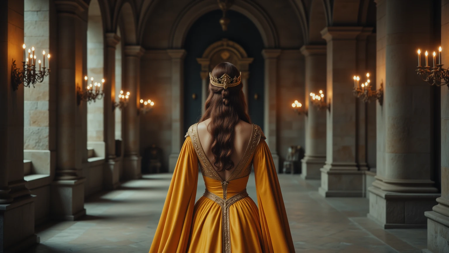 Design a photorealistic image of the queen walking away down a long stone hall, her golden gown flowing behind her. The hall features high arched ceilings, stone columns, and evenly spaced candelabras casting warm light. The queen’s crown is delicately detailed, and her hair is styled in loose waves cascading down her back. The atmosphere is solemn and dignified, with soft shadows and a golden glow from the candles creating an intimate, reverent mood. The perspective emphasizes the grandeur of the hall, with the queen as the focal point.