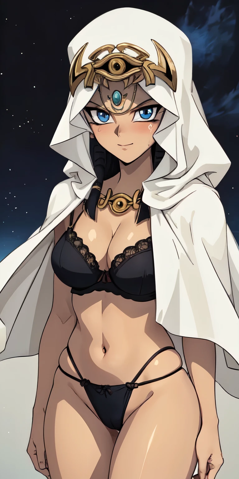 (masterpiece, best quality: 1.2), Cowboy shot, solo, 1girl, Ramlethal valentine, dark skin, dark-skinned woman, white hair, short hair, smiling, looking at the viewer, white hat, cape, thong, thigh strap, (gloves: 1.1), bandages, bandaged arm, bandaged leg, four-leaf clover, outdoor,